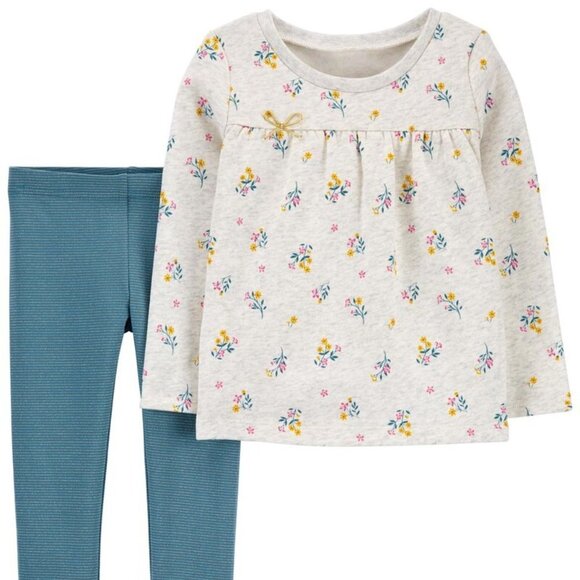 Carter's NWT Baby Girl 18 Month Two Piece Outfit Grey Floral Blue Stripe Legging - Picture 1 of 2